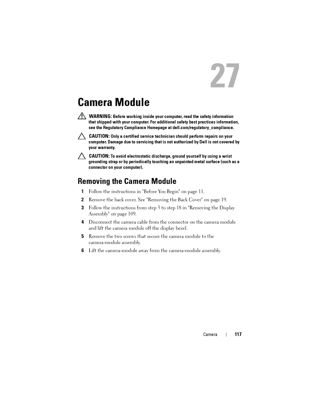 Dell W03C owner manual Removing the Camera Module, 117 