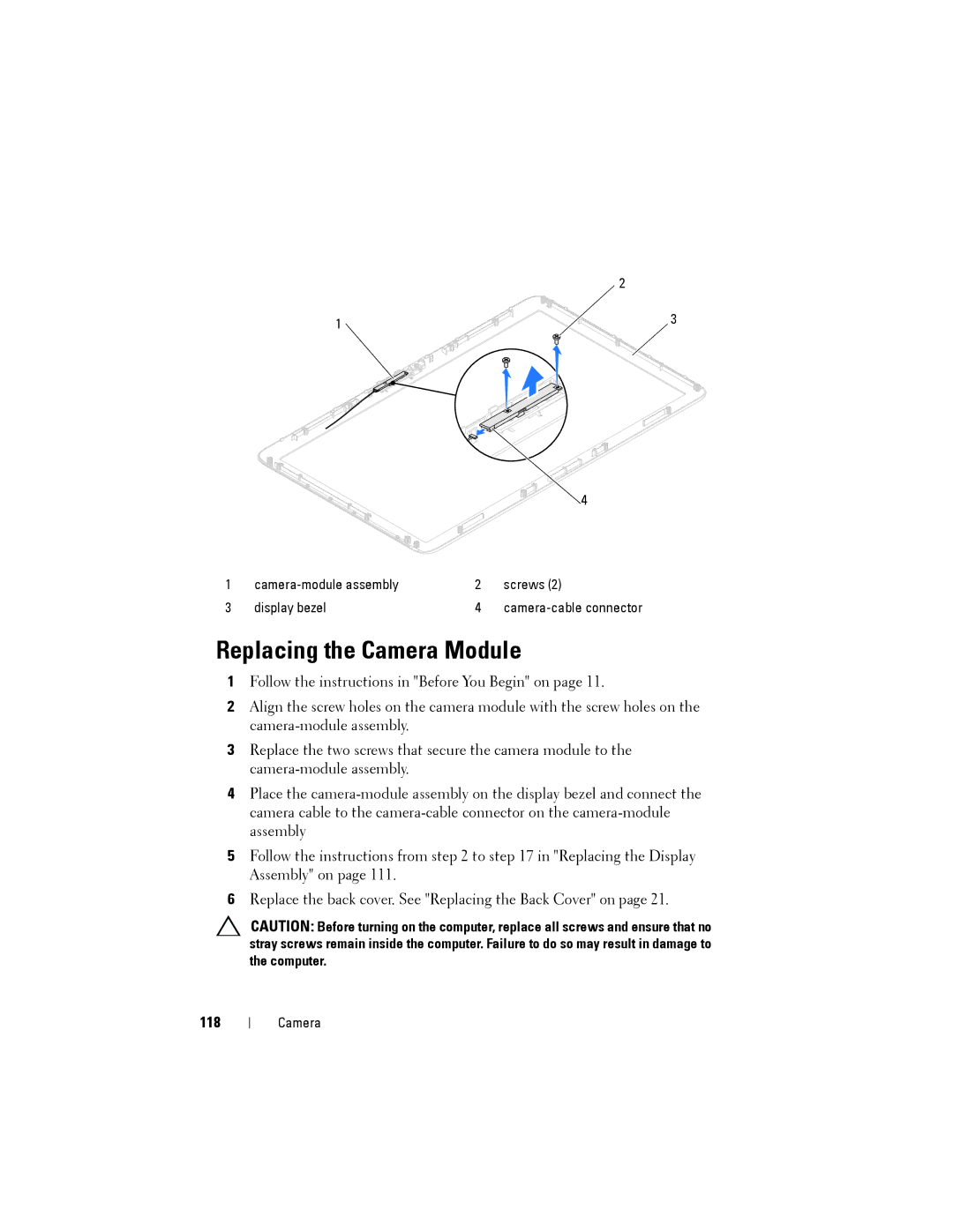 Dell W03C owner manual Replacing the Camera Module, 118 