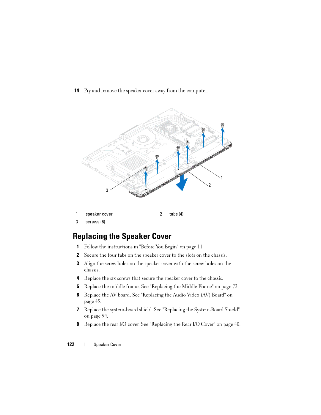 Dell W03C owner manual Replacing the Speaker Cover, 122 