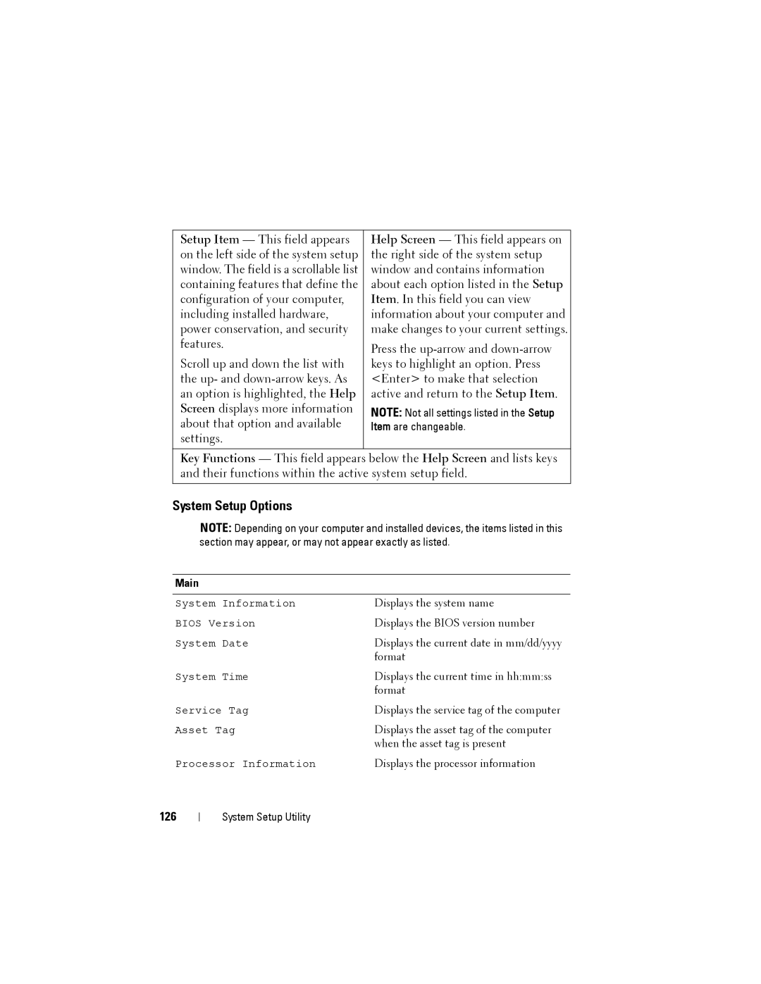 Dell W03C owner manual System Setup Options, 126 