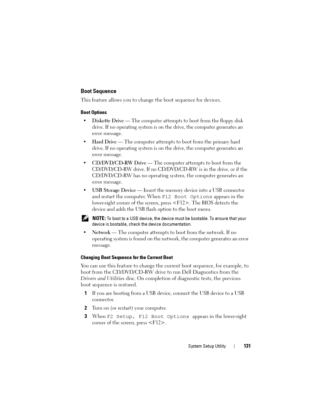 Dell W03C owner manual Boot Options, Changing Boot Sequence for the Current Boot, 131 