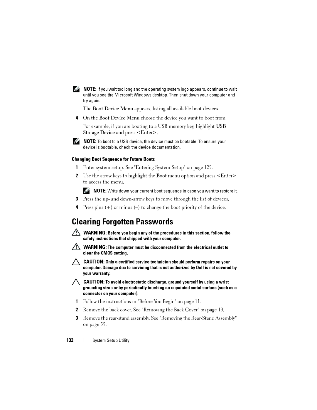 Dell W03C owner manual Clearing Forgotten Passwords, Changing Boot Sequence for Future Boots, 132 