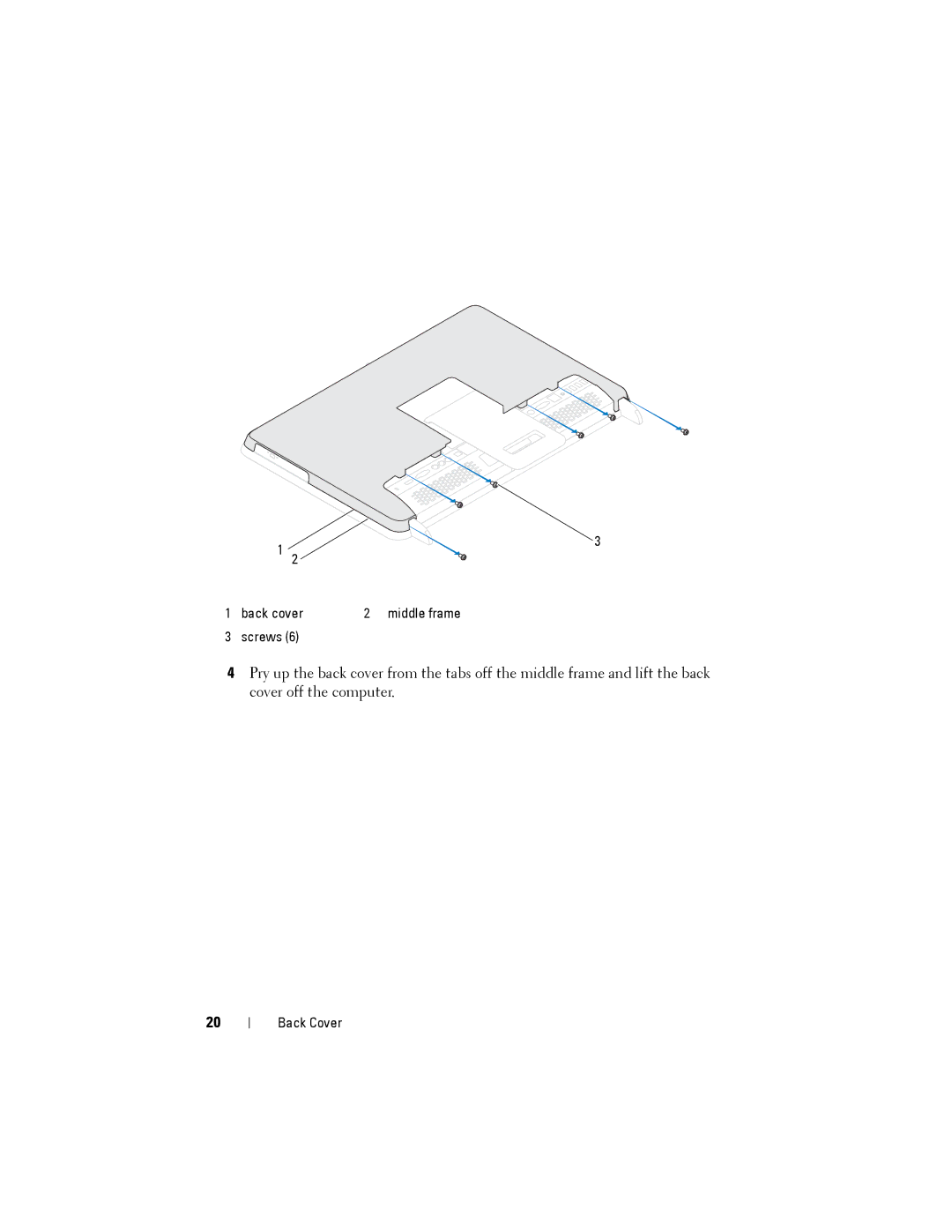 Dell W03C owner manual Back cover Middle frame Screws 