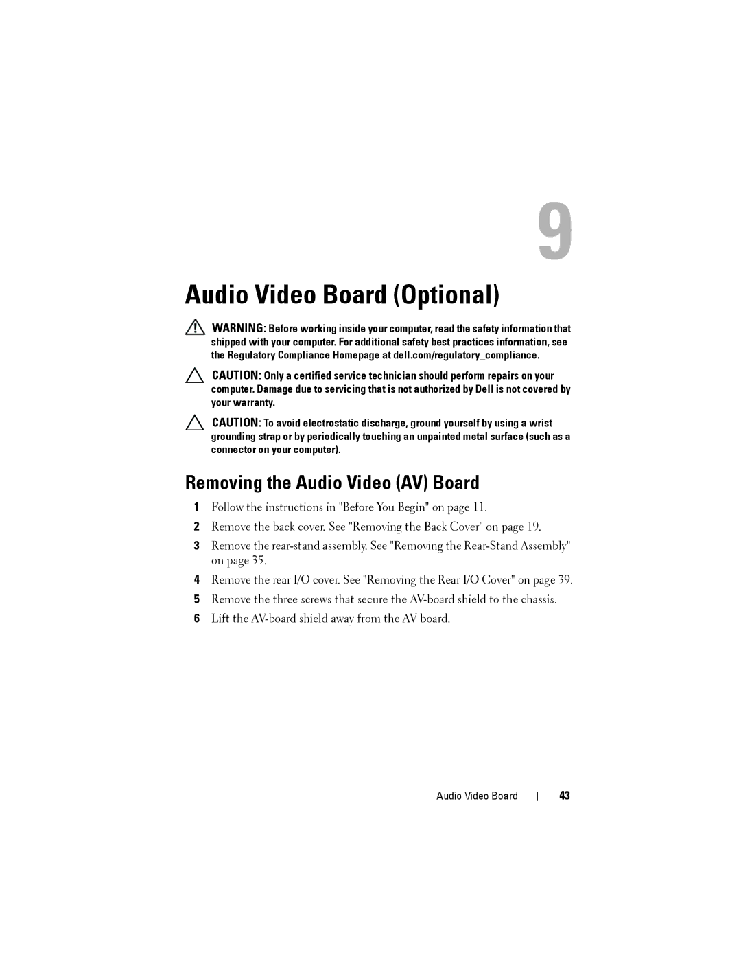 Dell W03C owner manual Audio Video Board Optional, Removing the Audio Video AV Board 