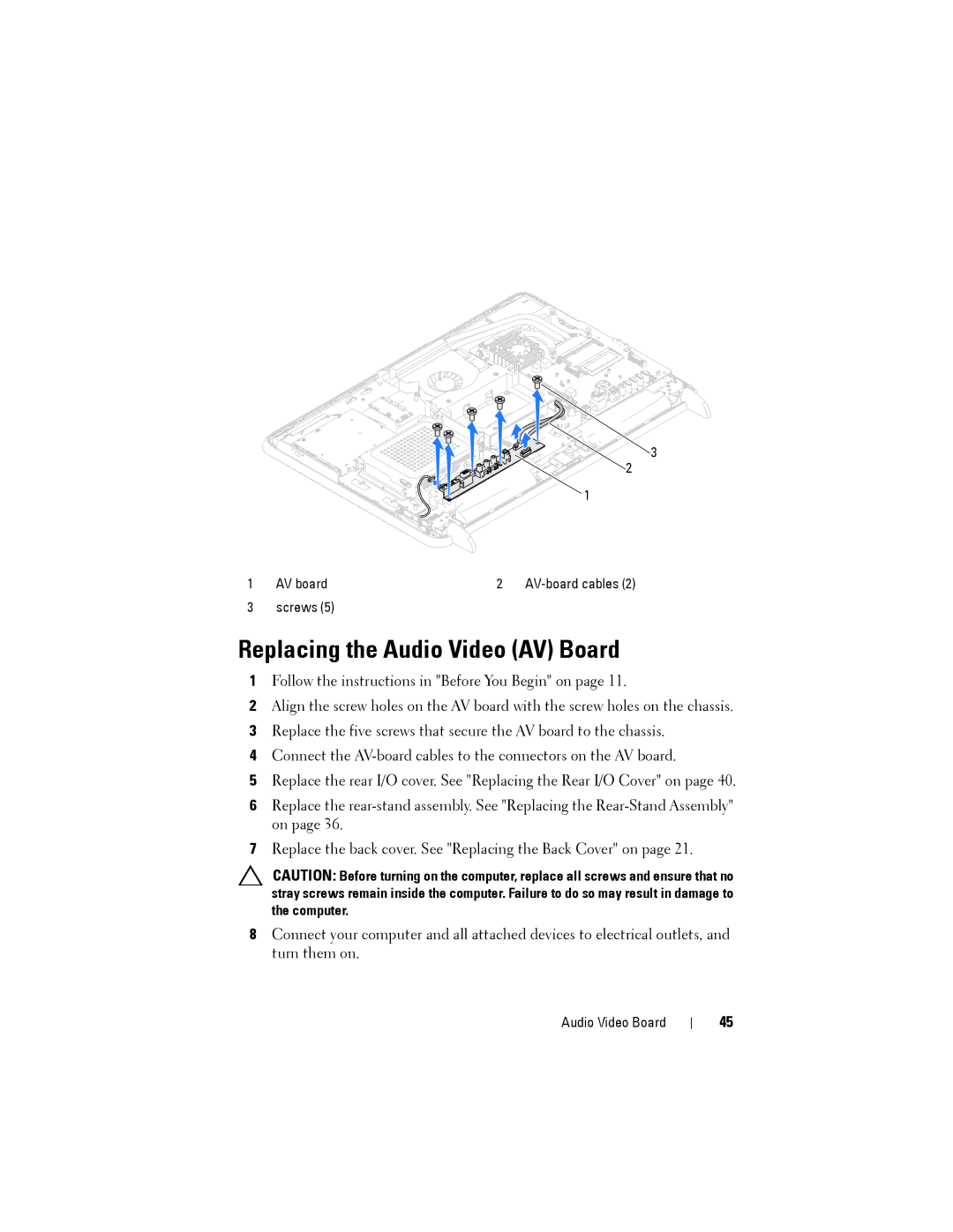 Dell W03C owner manual Replacing the Audio Video AV Board 