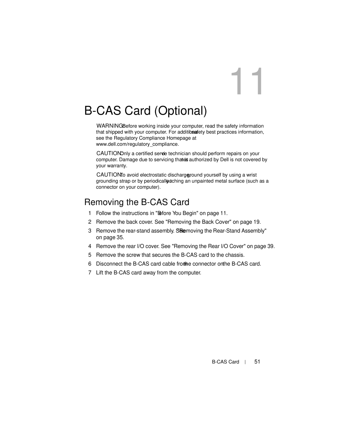 Dell W03C owner manual CAS Card Optional, Removing the B-CAS Card 