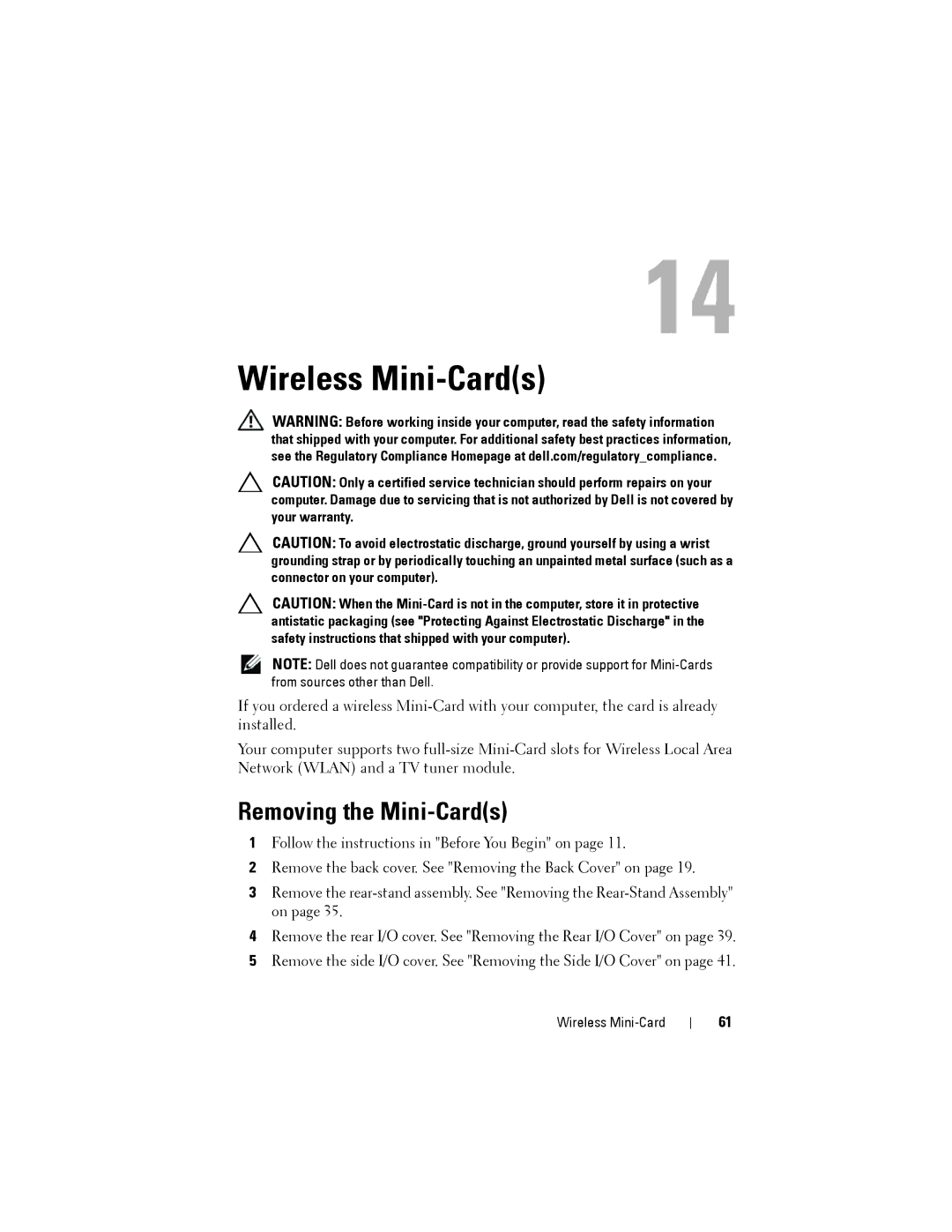 Dell W03C owner manual Wireless Mini-Cards, Removing the Mini-Cards 