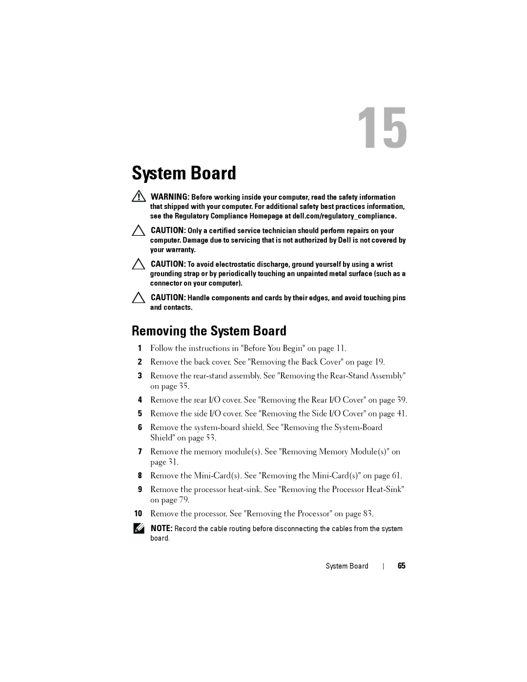 Dell W03C owner manual Removing the System Board 