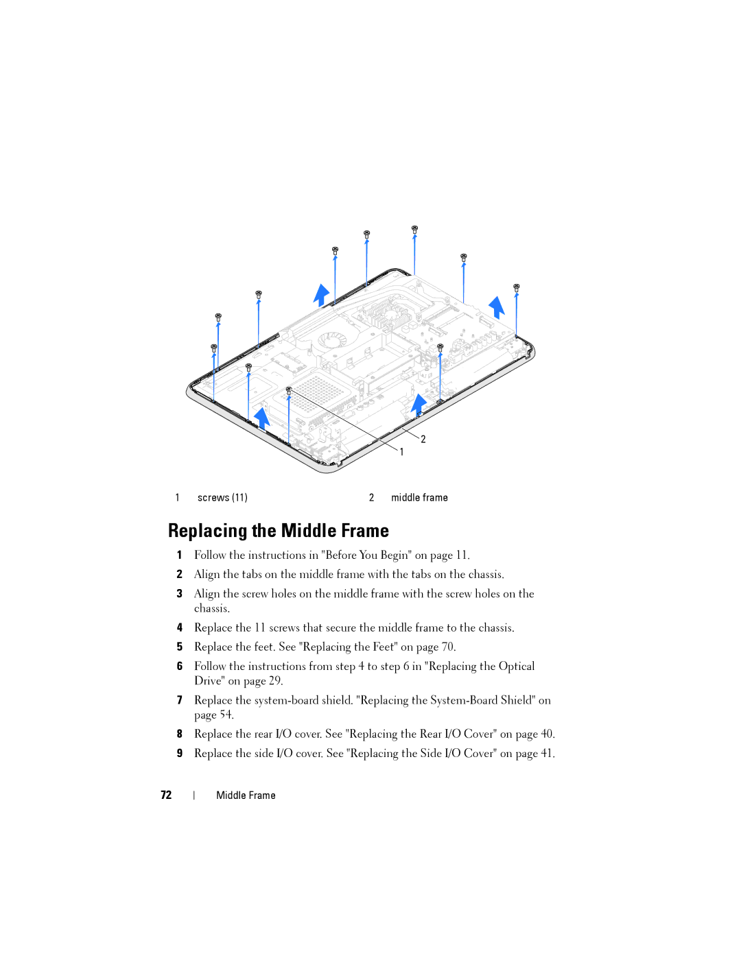 Dell W03C owner manual Replacing the Middle Frame 