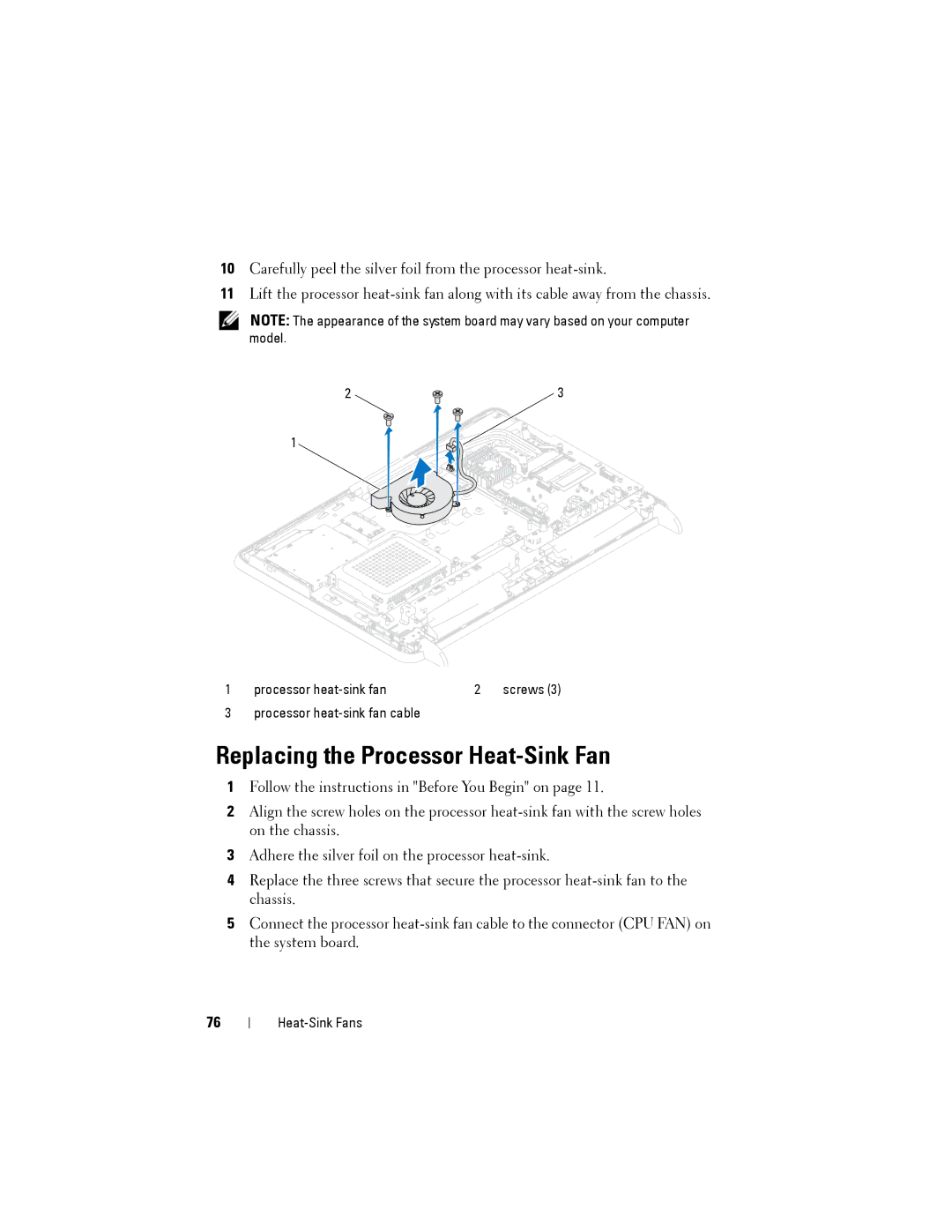 Dell W03C owner manual Replacing the Processor Heat-Sink Fan 