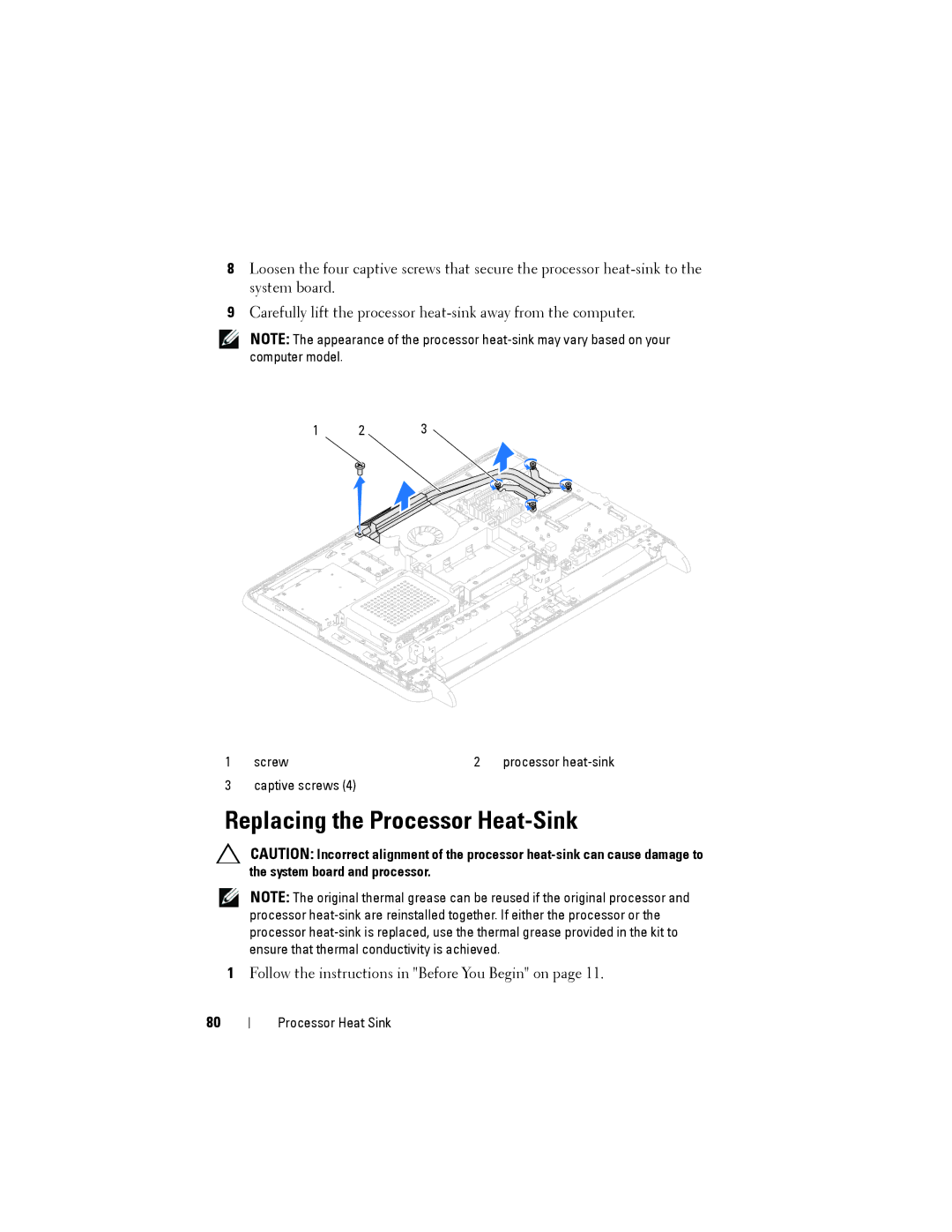 Dell W03C owner manual Replacing the Processor Heat-Sink 