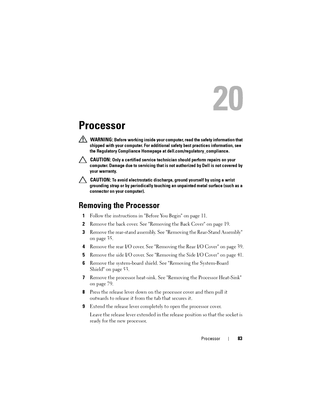 Dell W03C owner manual Removing the Processor 