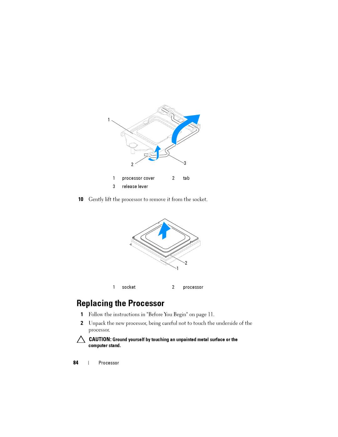 Dell W03C owner manual Replacing the Processor 