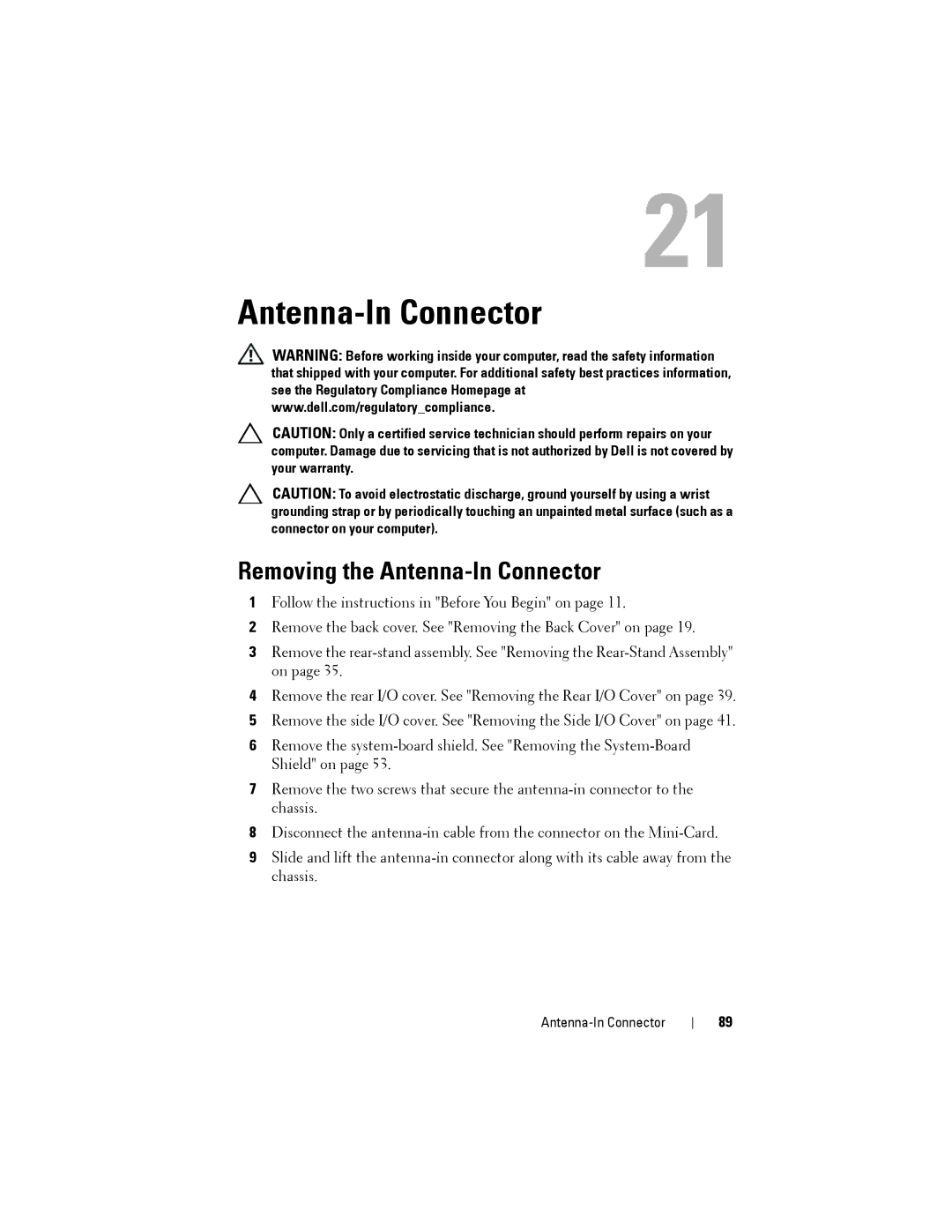 Dell W03C owner manual Removing the Antenna-In Connector 