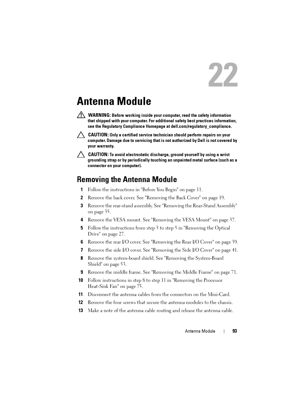 Dell W03C owner manual Removing the Antenna Module 