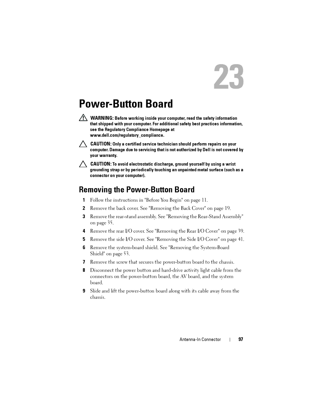 Dell W03C owner manual Removing the Power-Button Board 