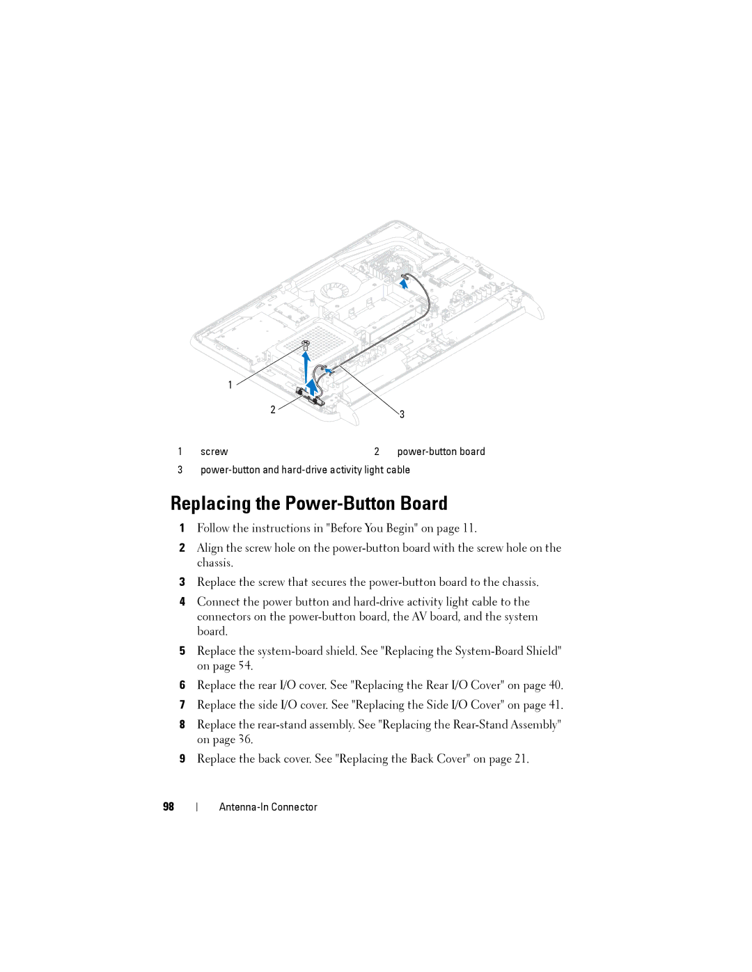 Dell W03C owner manual Replacing the Power-Button Board 