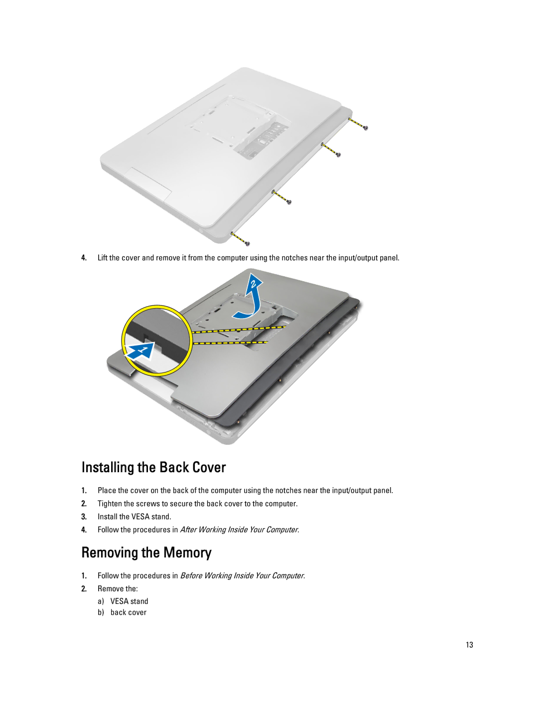 Dell 9010, W04C owner manual Installing the Back Cover, Removing the Memory 