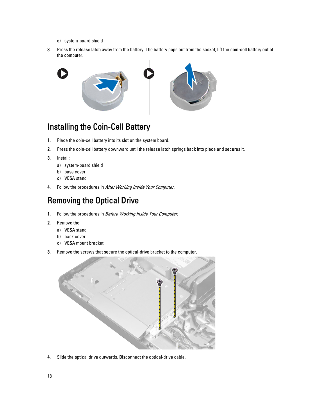 Dell W04C, 9010 owner manual Installing the Coin-Cell Battery, Removing the Optical Drive 