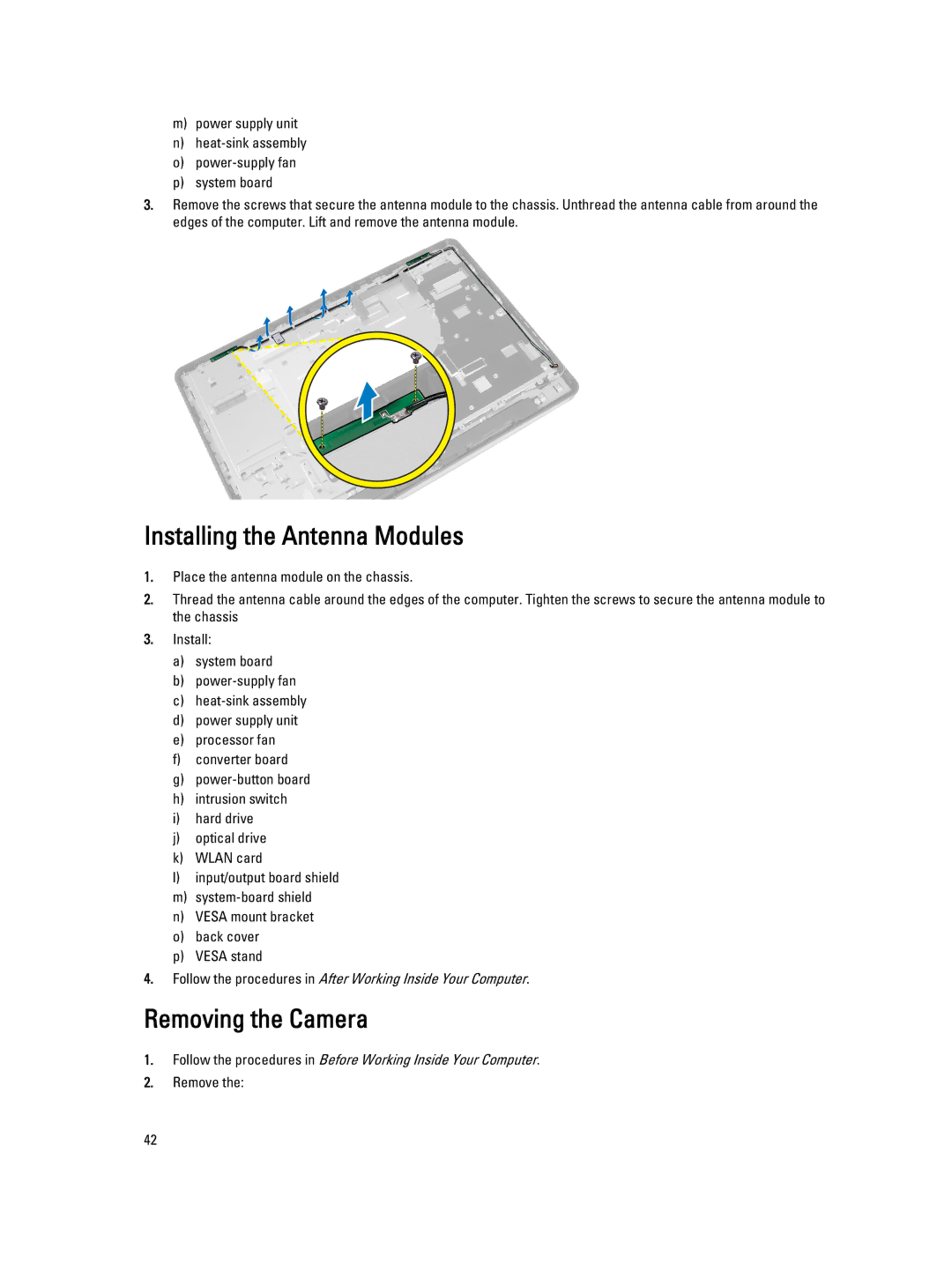 Dell W04C, 9010 owner manual Installing the Antenna Modules, Removing the Camera 