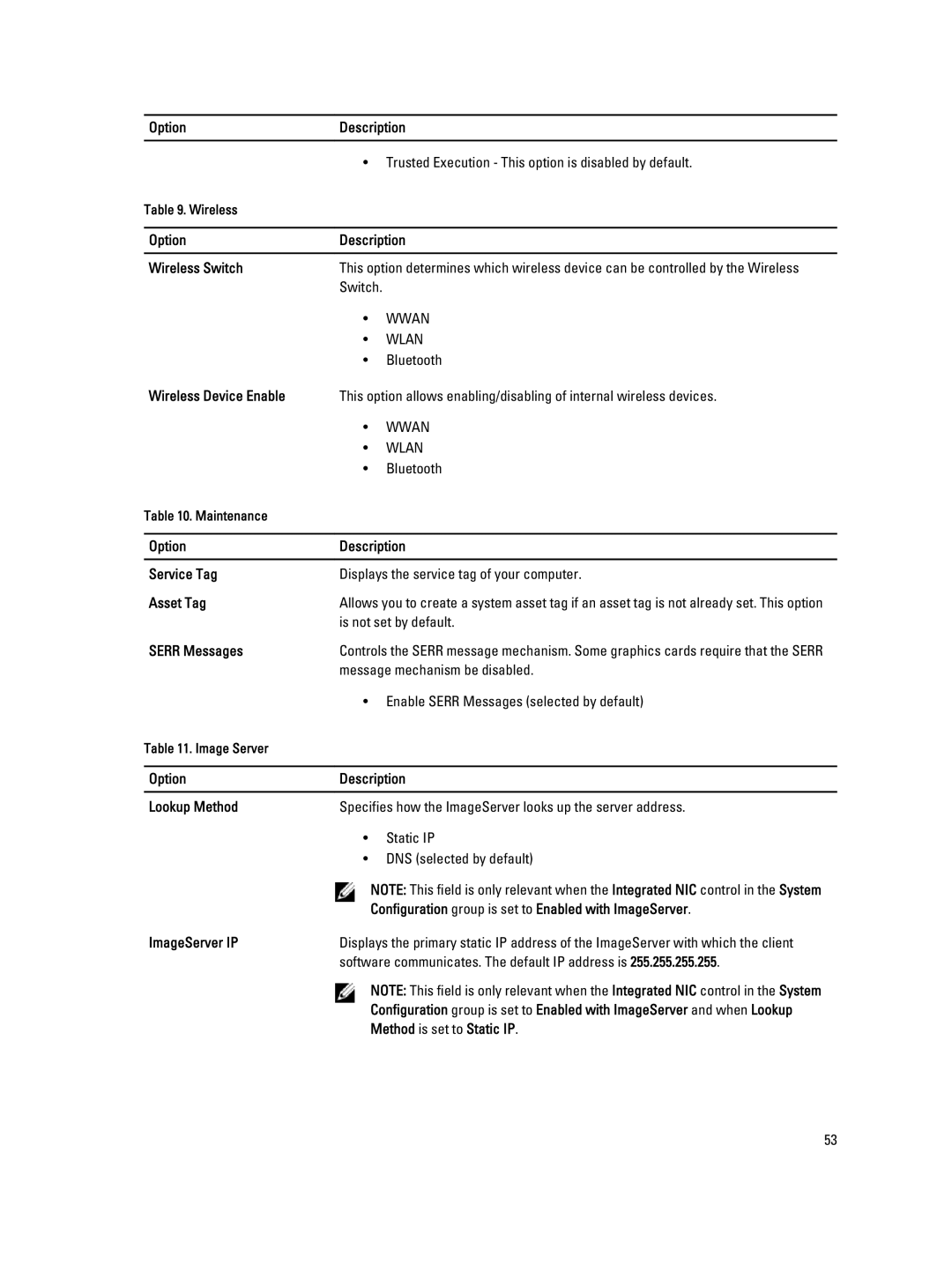 Dell 9010, W04C Option Description Wireless Switch, Wireless Device Enable, Option Description Service Tag, Asset Tag 