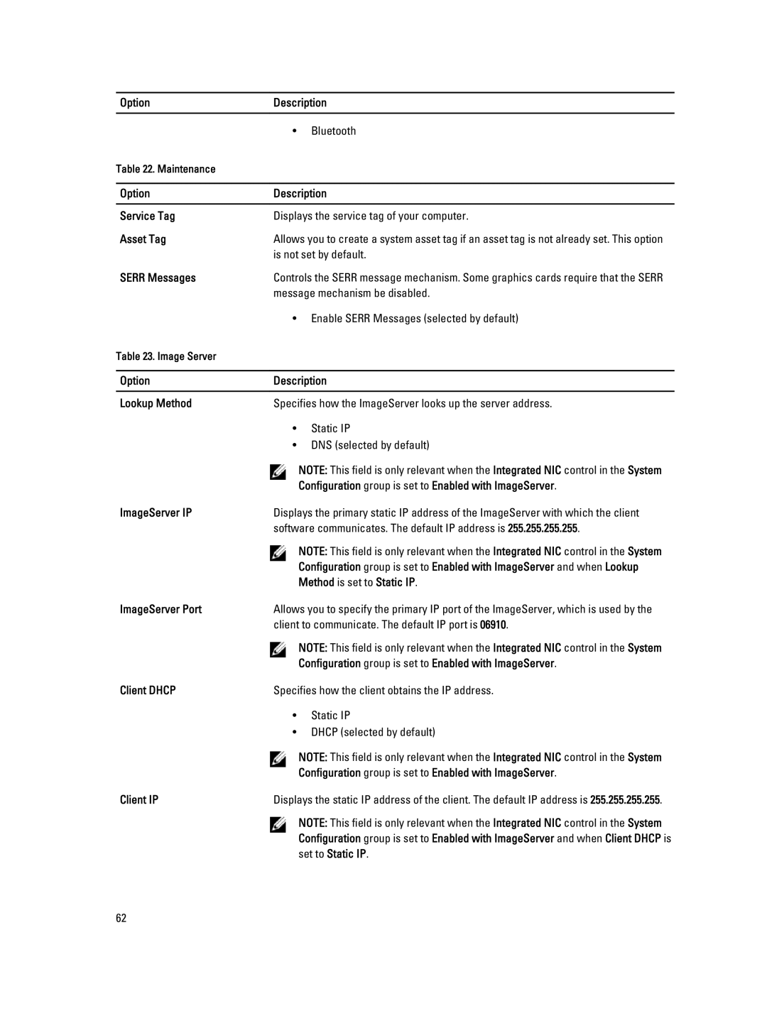 Dell W04C, 9010 owner manual Option Description Service Tag, Client Dhcp 