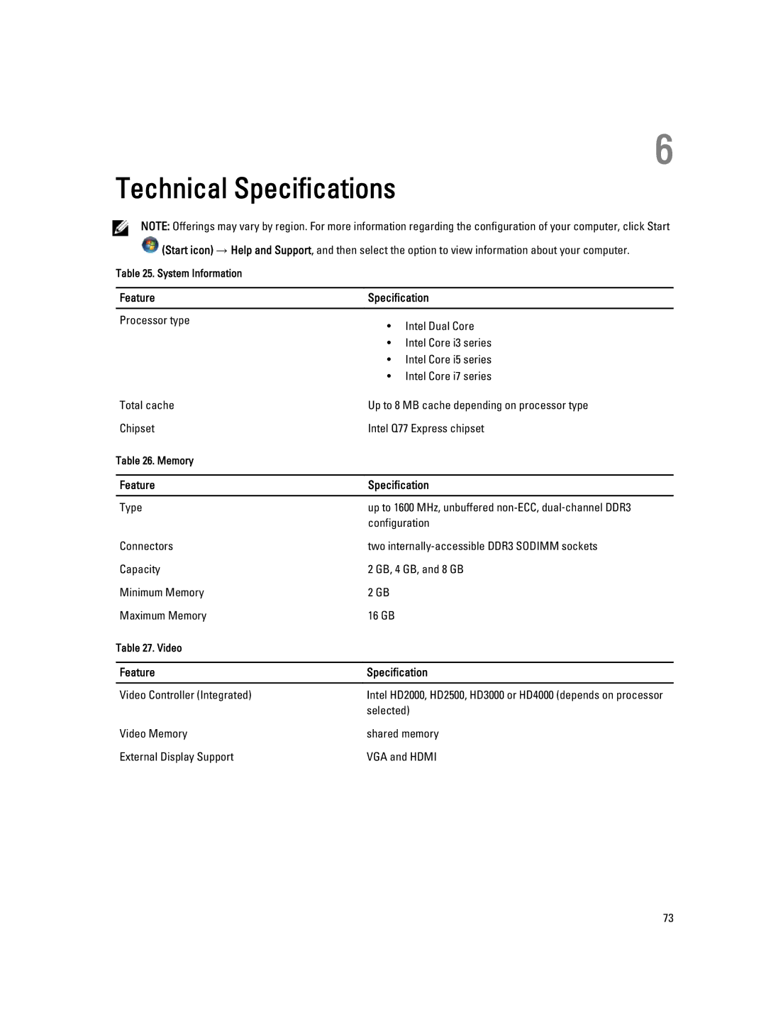 Dell 9010, W04C owner manual Feature Specification 