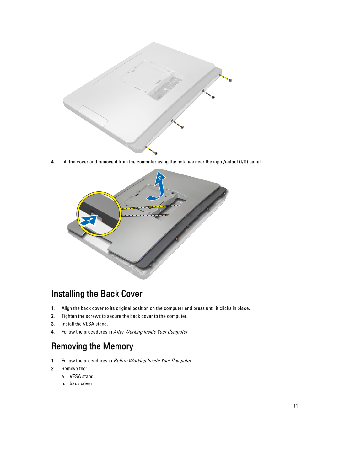 Dell W04C owner manual Installing the Back Cover, Removing the Memory, Remove Vesa stand Back cover 