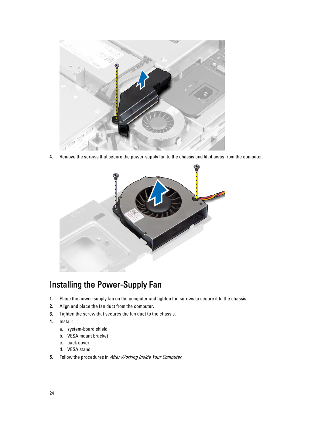 Dell W04C owner manual Installing the Power-Supply Fan 