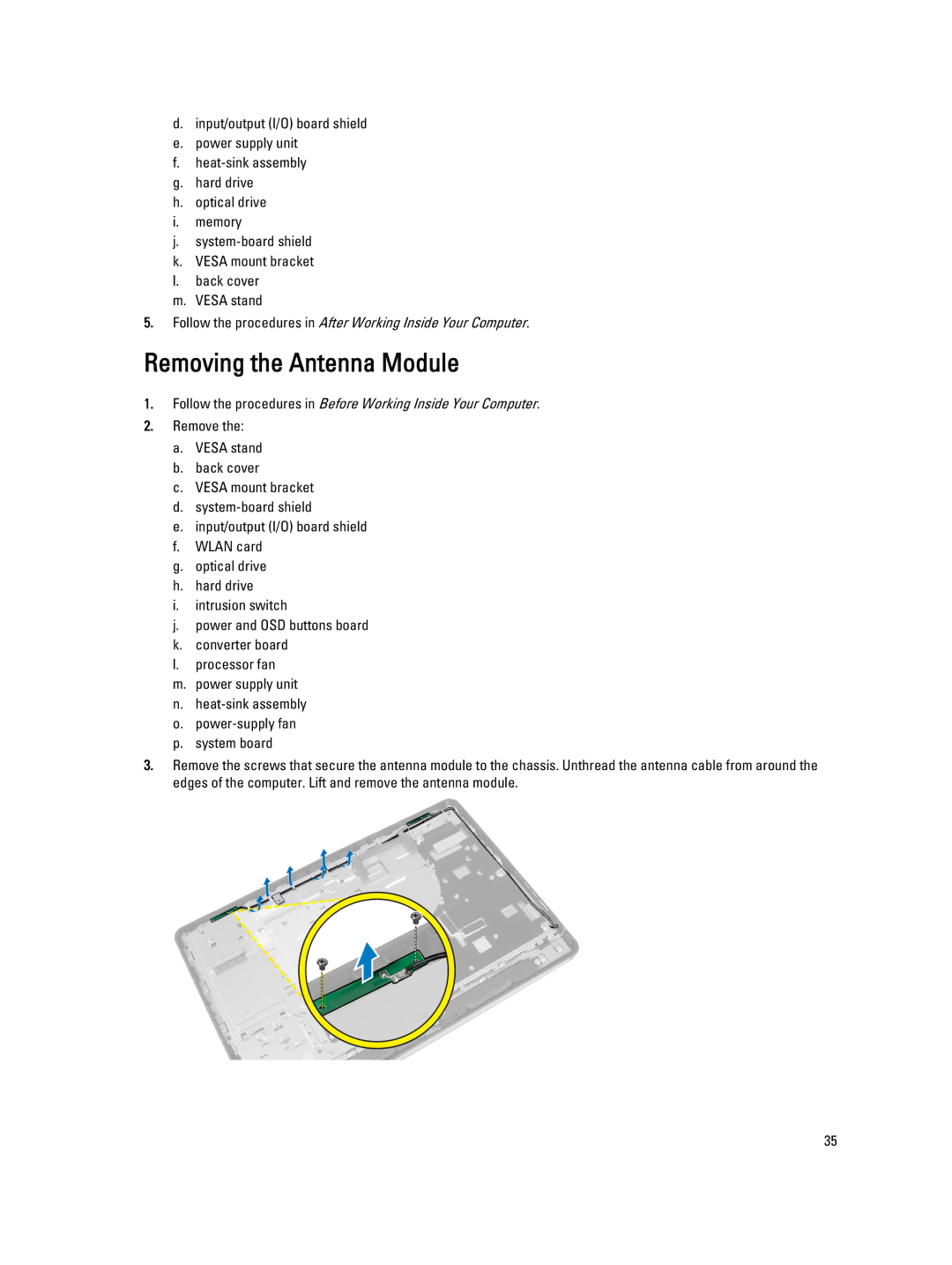 Dell W04C owner manual Removing the Antenna Module 