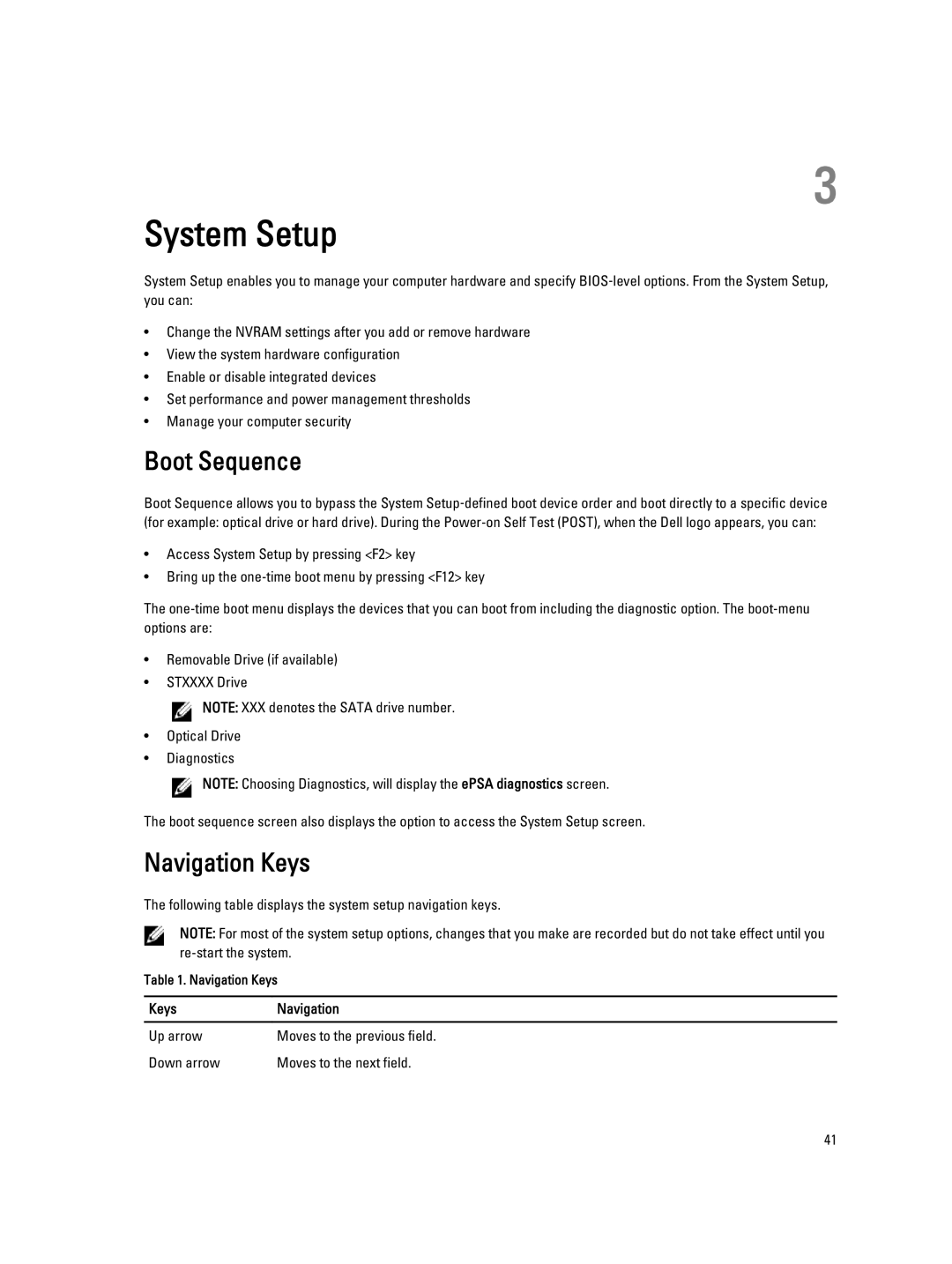 Dell W04C Boot Sequence, Navigation Keys, Following table displays the system setup navigation keys, Keys Navigation 