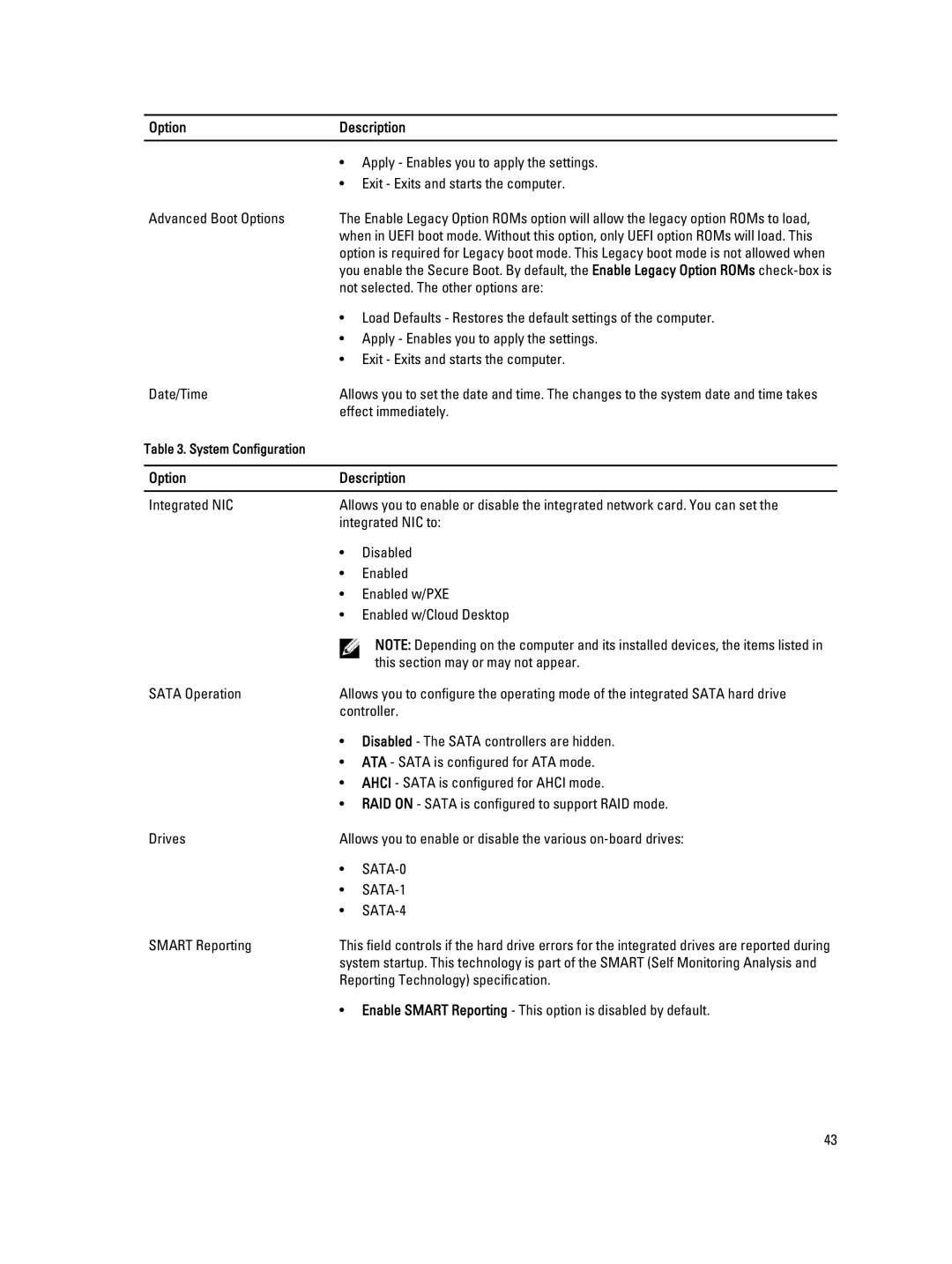 Dell W04C Apply Enables you to apply the settings, Exit Exits and starts the computer, Advanced Boot Options, Date/Time 