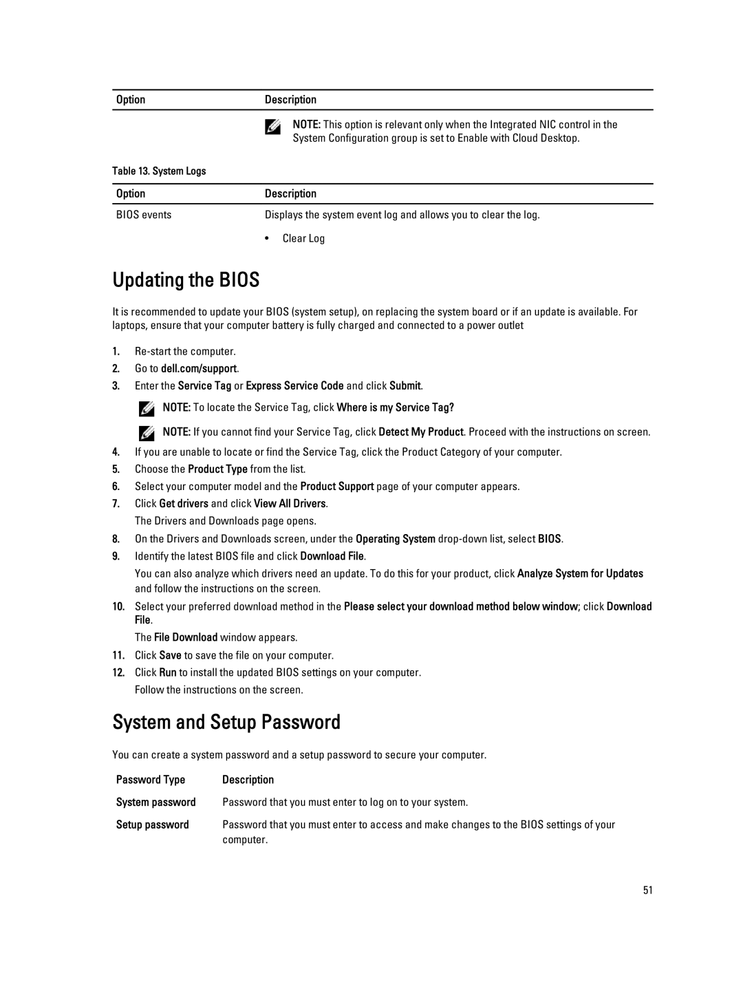 Dell W04C owner manual Updating the Bios, System and Setup Password, Re-start the computer, Password Type 