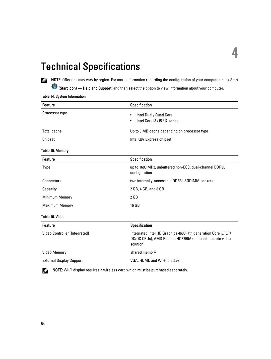 Dell W04C owner manual Feature Specification, Type, Configuration, Video Controller Integrated, Solution 