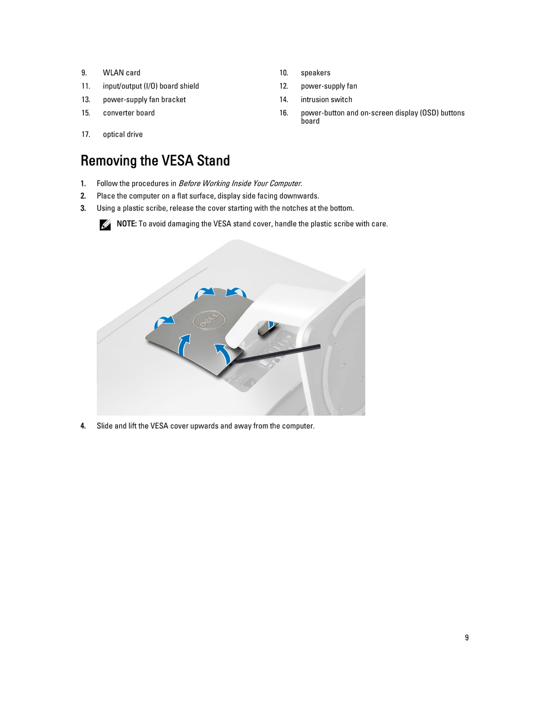 Dell W04C owner manual Removing the Vesa Stand, Board, Optical drive 