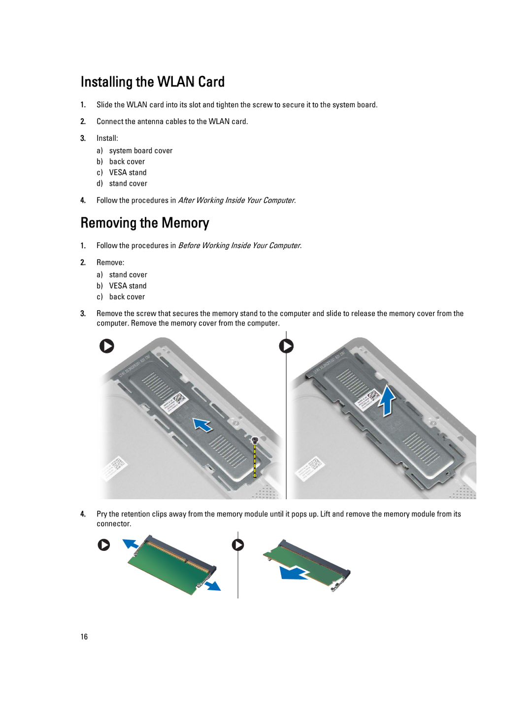 Dell W07B owner manual Installing the Wlan Card, Removing the Memory 