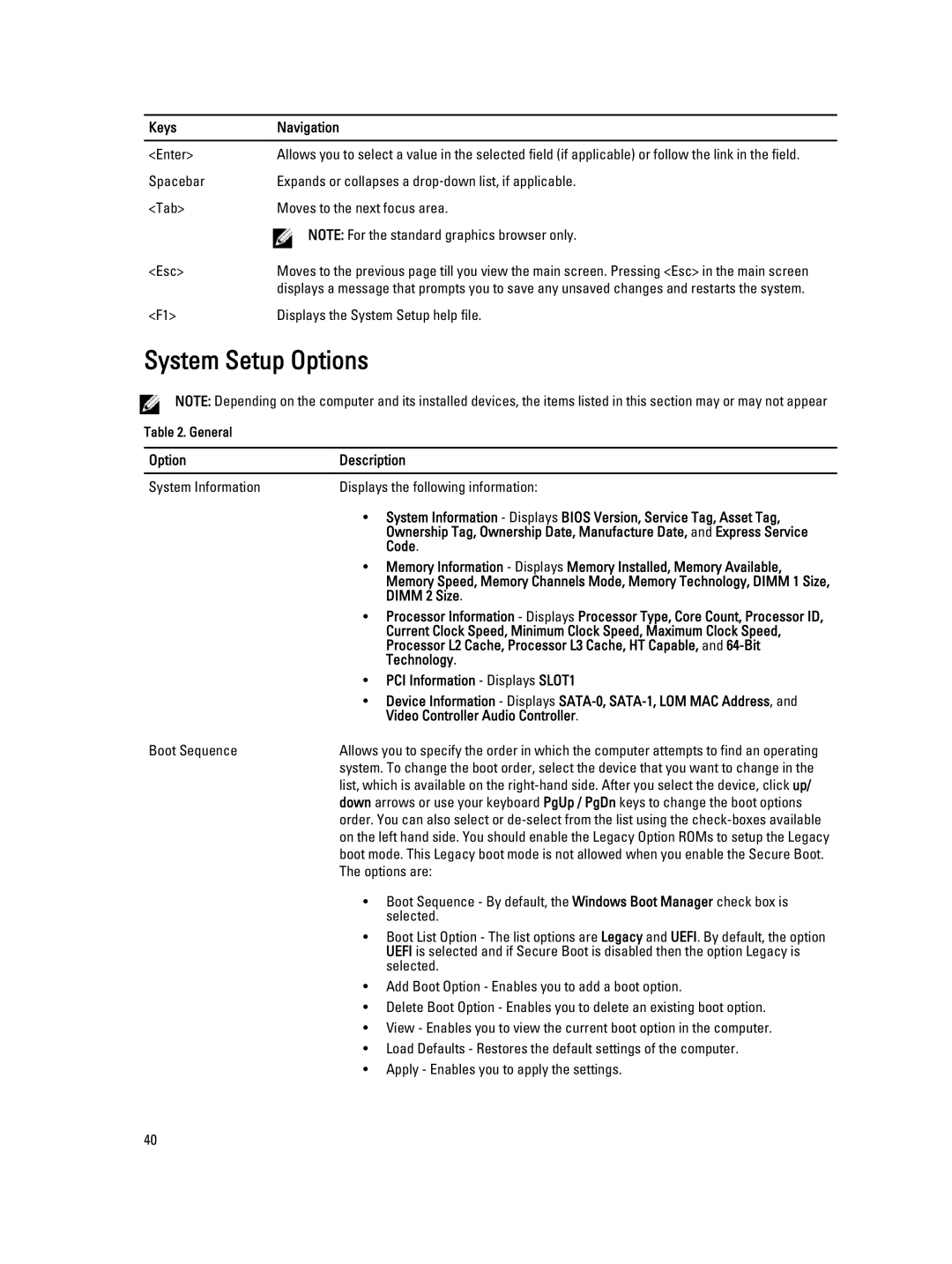 Dell W07B owner manual System Setup Options 