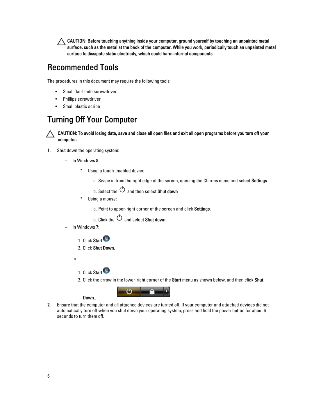 Dell W07B owner manual Recommended Tools, Turning Off Your Computer, Click Shut Down 