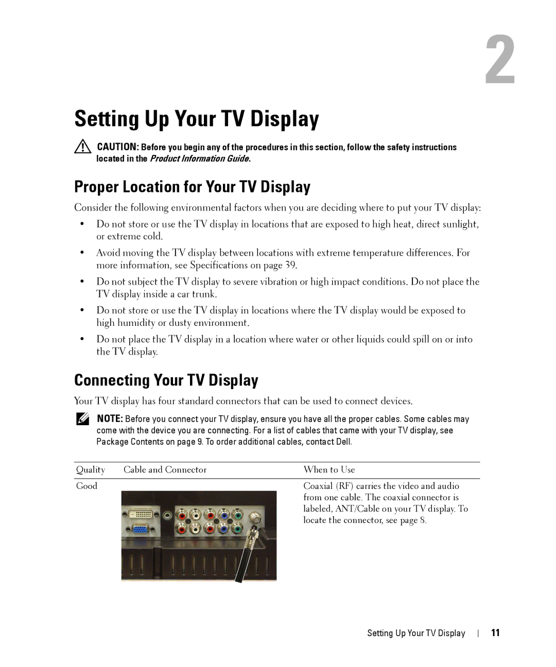 Dell W1900 owner manual Setting Up Your TV Display, Proper Location for Your TV Display, Connecting Your TV Display 