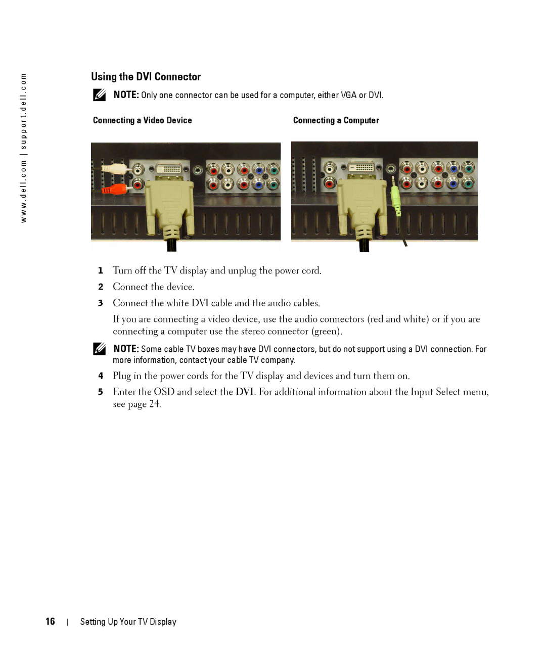 Dell W1900 owner manual Using the DVI Connector, Connecting a Video Device 