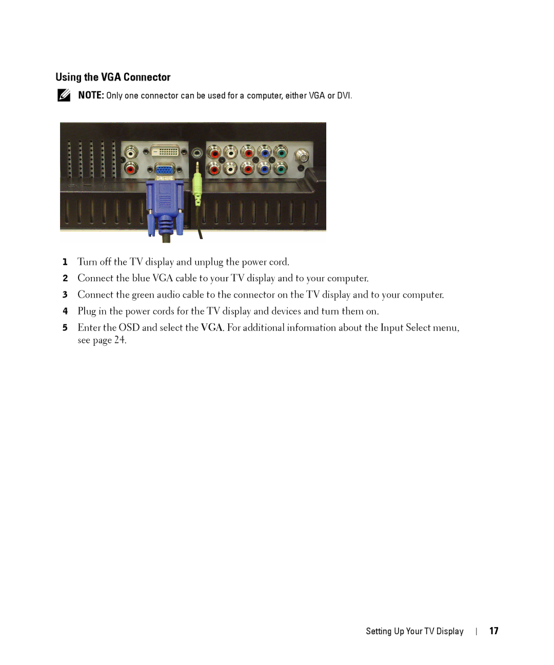 Dell W1900 owner manual Using the VGA Connector 