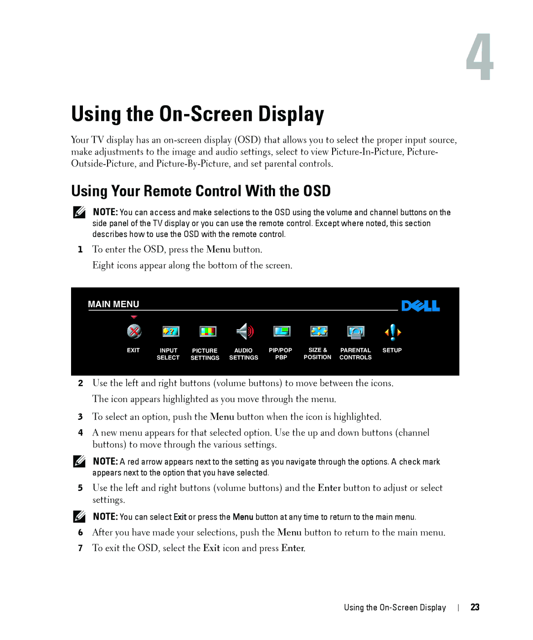 Dell W1900 owner manual Using the On-Screen Display, Using Your Remote Control With the OSD 