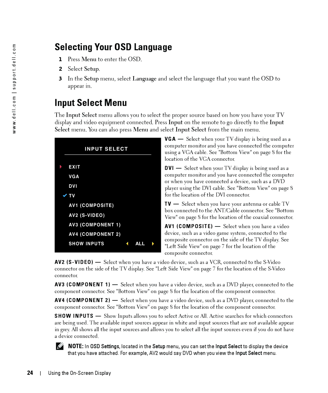 Dell W1900 owner manual Selecting Your OSD Language, Input Select Menu 