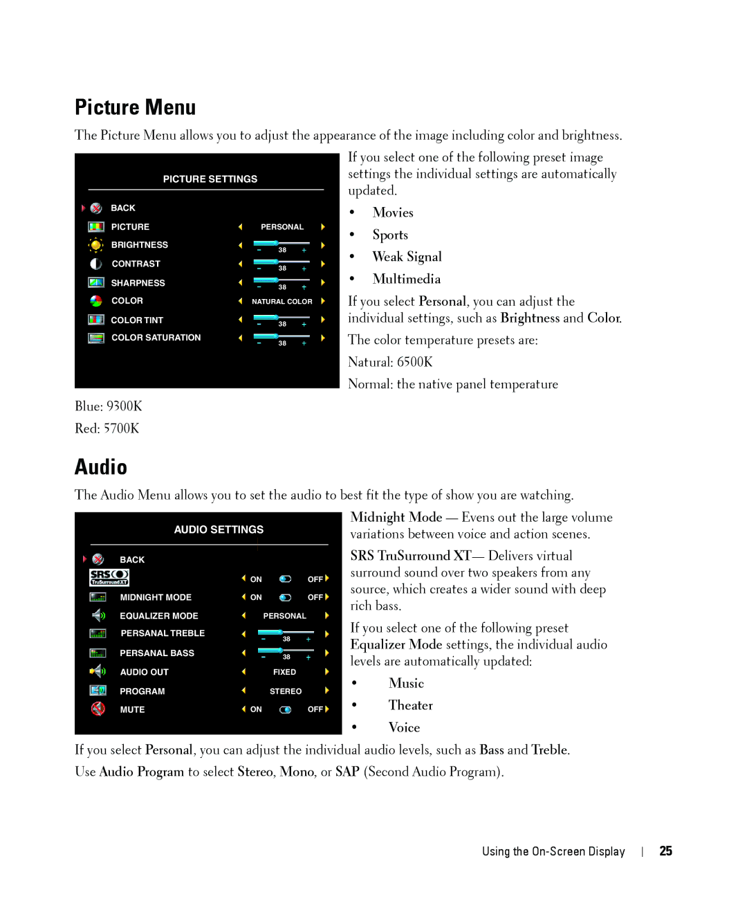 Dell W1900 owner manual Picture Menu, Audio 