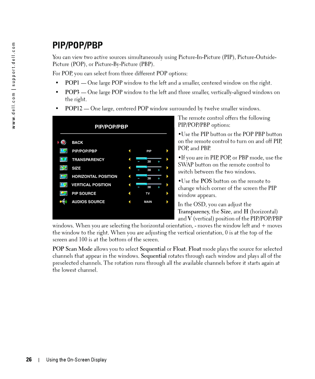 Dell W1900 owner manual Pip/Pop/Pbp 