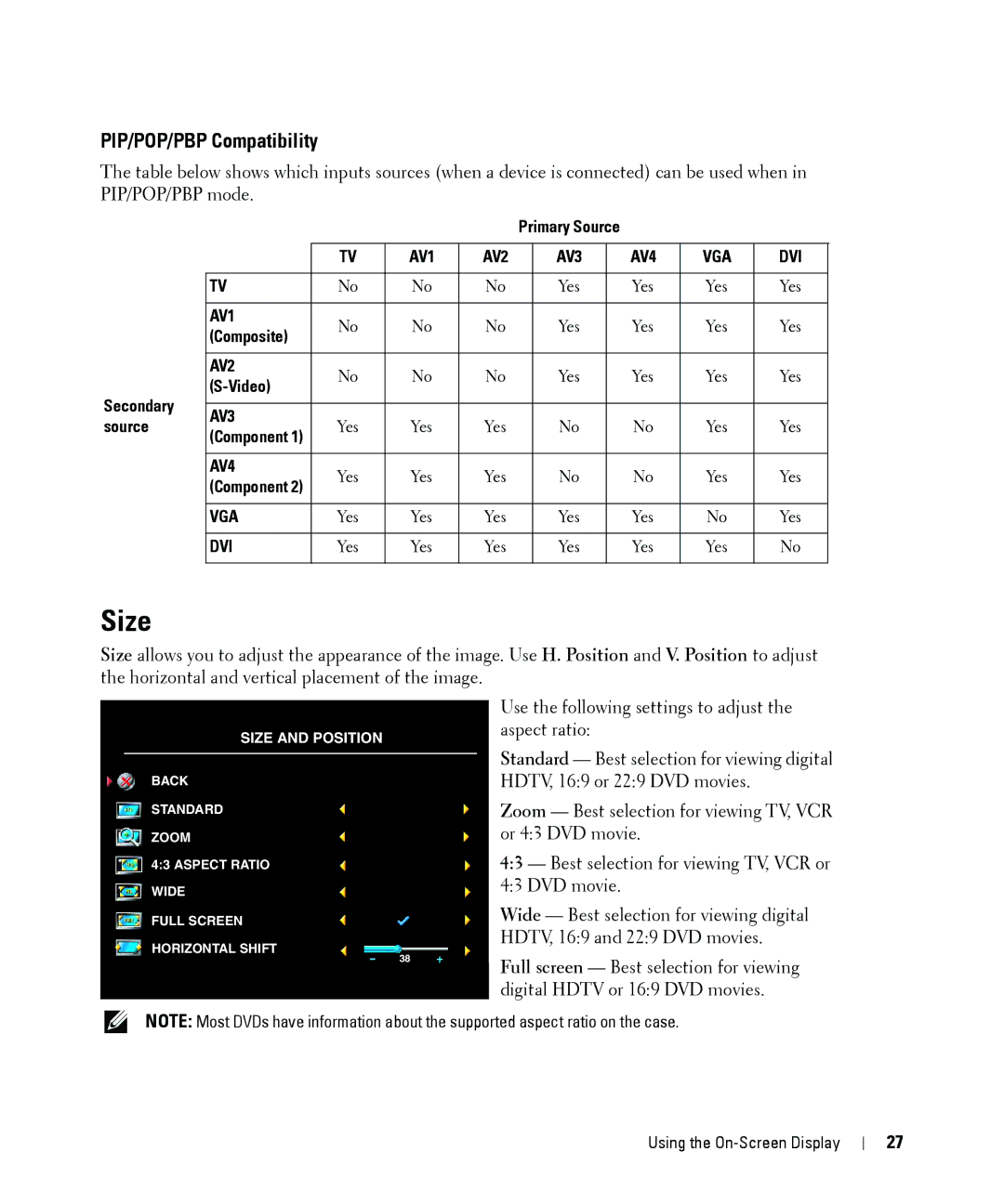 Dell W1900 owner manual Size, PIP/POP/PBP Compatibility, Composite, Video Secondary, Source 