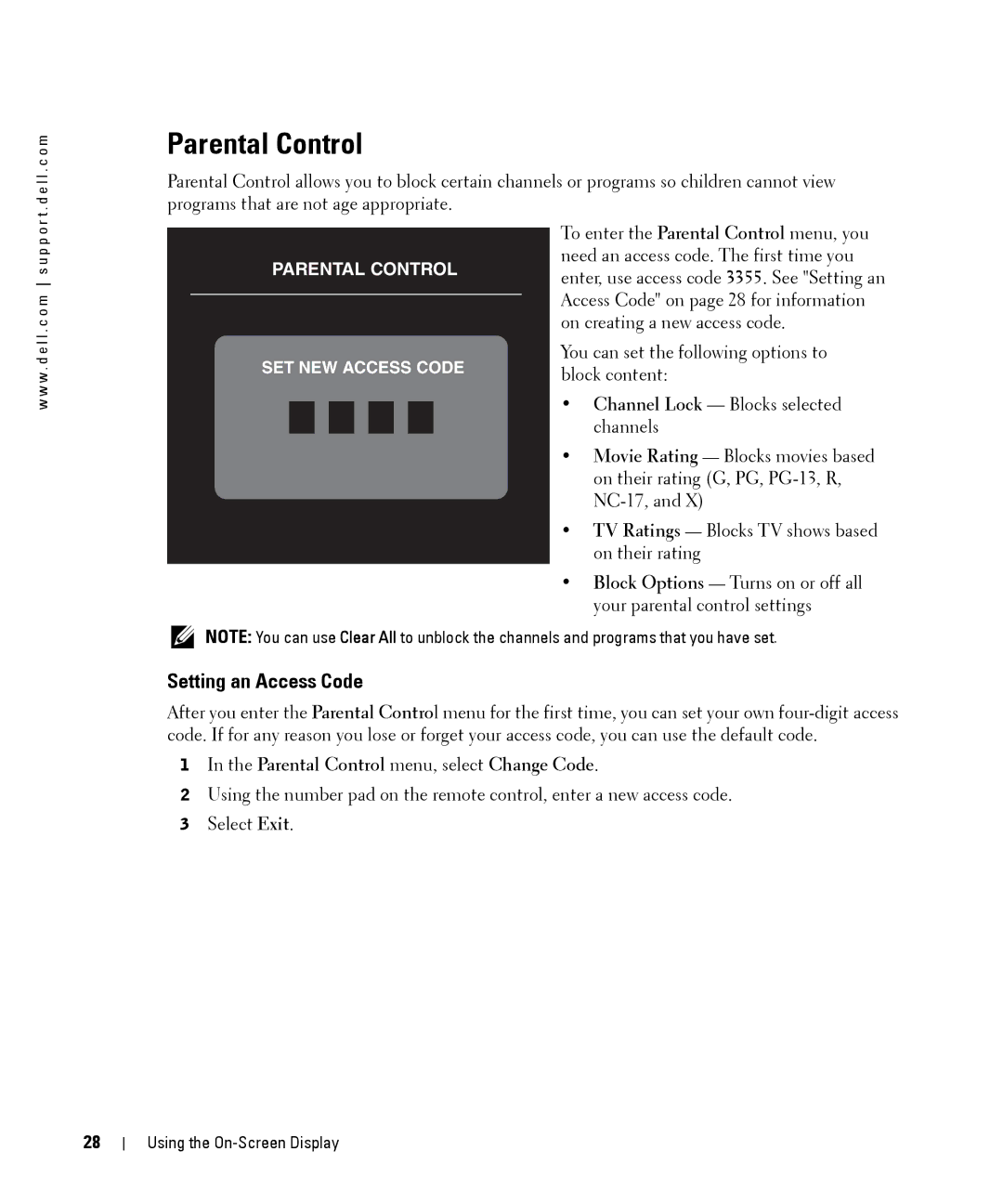 Dell W1900 owner manual Parental Control, Setting an Access Code 