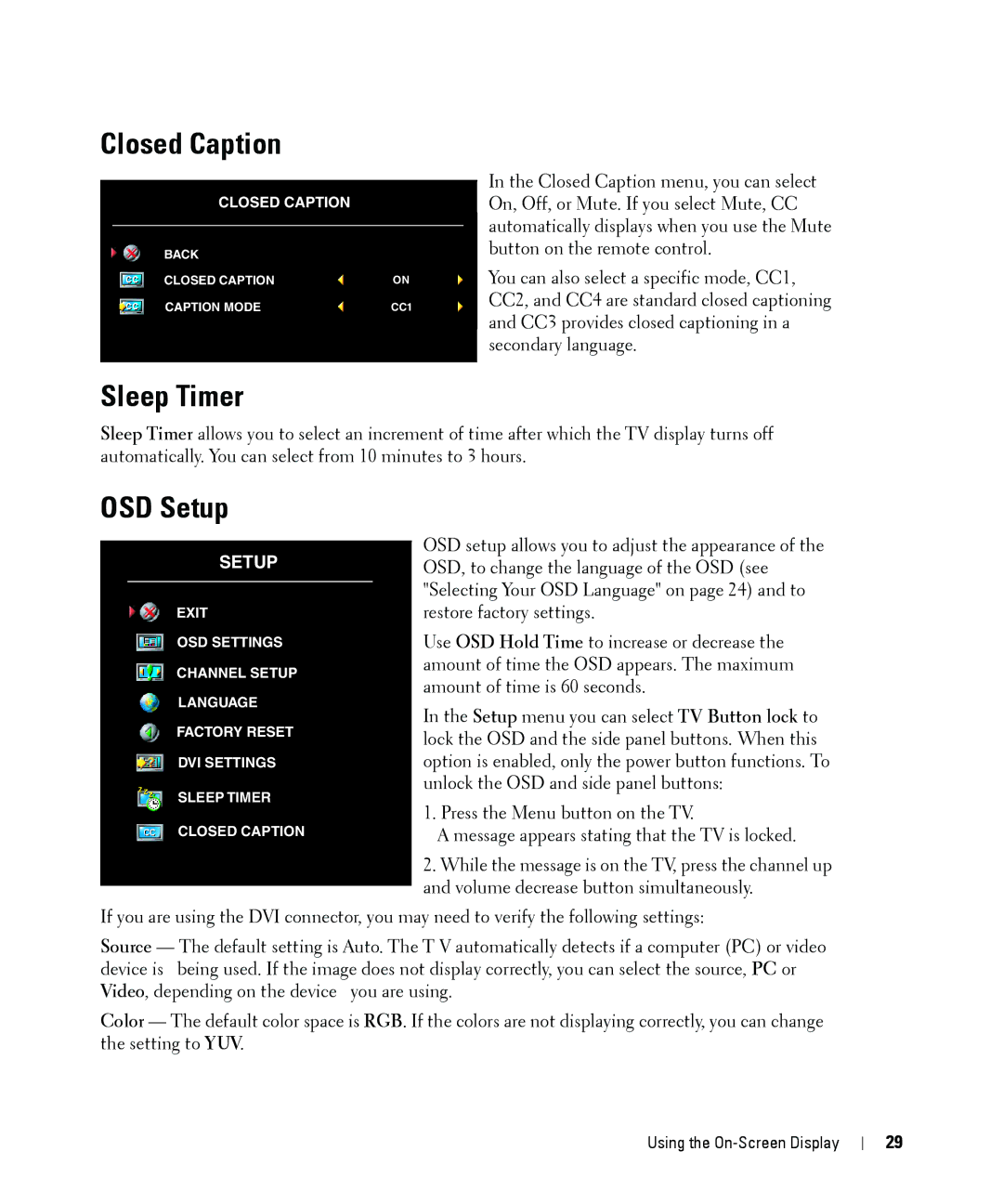 Dell W1900 owner manual Closed Caption, Sleep Timer, OSD Setup 