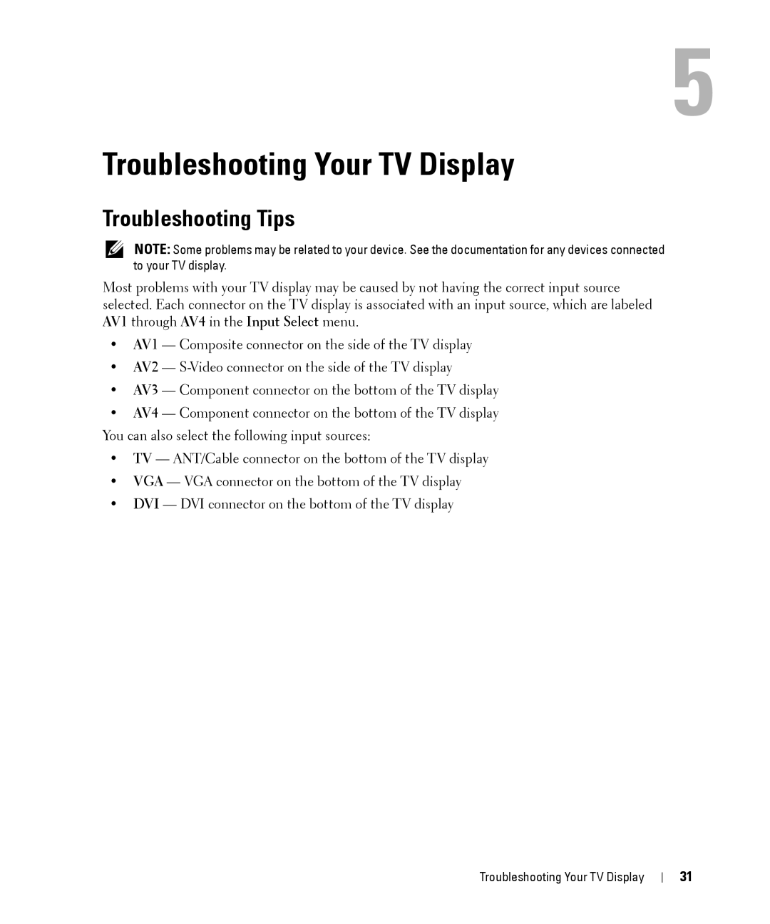 Dell W1900 owner manual Troubleshooting Your TV Display, Troubleshooting Tips 