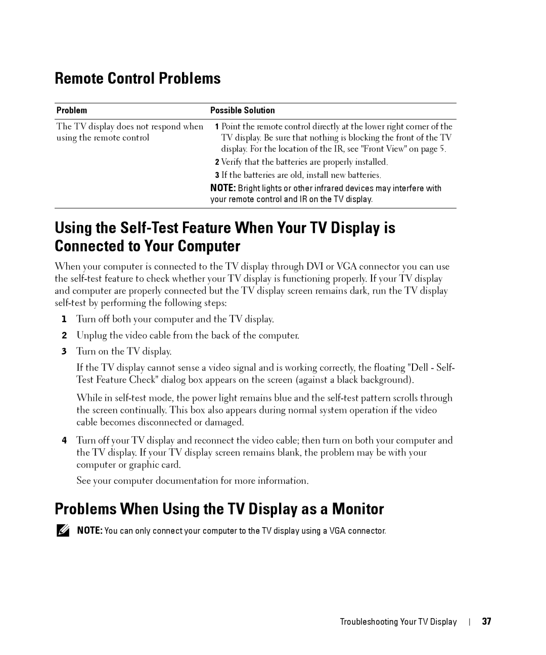 Dell W1900 owner manual Remote Control Problems, Problems When Using the TV Display as a Monitor 